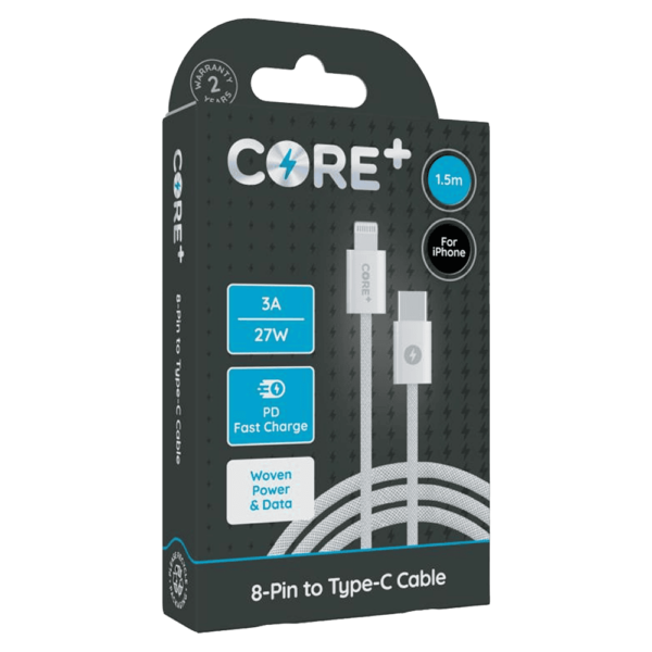 Core+ 1.5M White Woven 8-Pin to Type-C Cable, 3A 27W PD Fast Charging