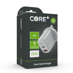 Core+ 20W PD Fast Charge Dual Wall Charger with Type-C & Type-A Ports