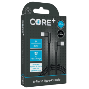 Core+ 90 Degree Braided 8-Pin to Type-C Cable, 1.5M, Grey, 3A 27W PD Fast Charging