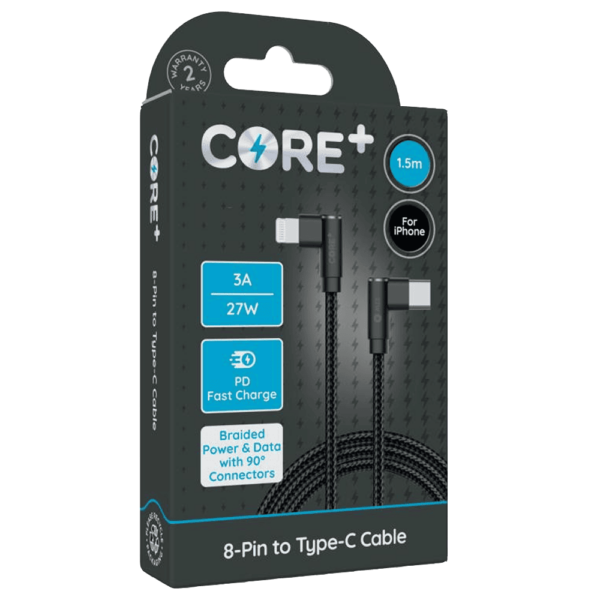 Core+ 90 Degree Braided 8-Pin to Type-C Cable, 1.5M, Grey, 3A 27W PD Fast Charging