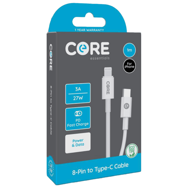 Core Essentials 1M White TPE 8-Pin to Type-C Cable, 3A 27W PD Fast Charging