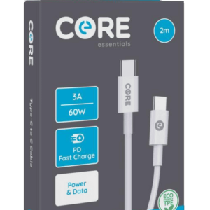 Core Essentials 2M White TPE USB-C to USB-C Cable, 3A 60W Power Delivery Fast Charge