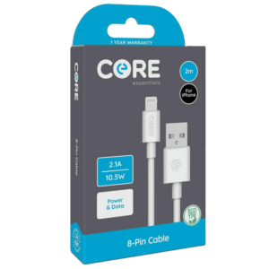 Core Essentials 2M White USB-A to 8-Pin TPE Cable, 2.1A Fast Charging