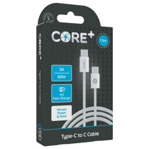 Core+ USB-C to USB-C Woven Cable 1.5M White 3A 60W PD Quick Charging