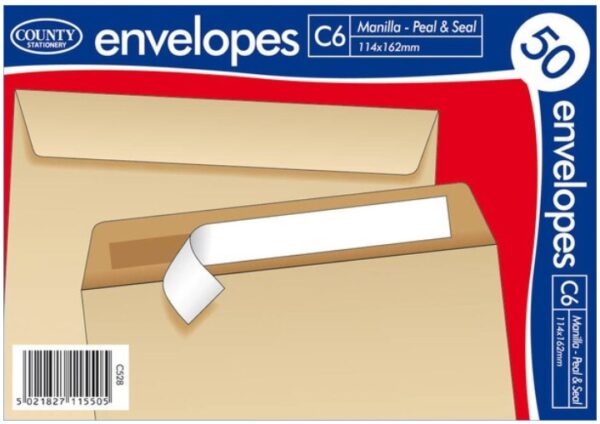 COUNTY C6 Brown Peel & Seal Envelopes, Pack of 50