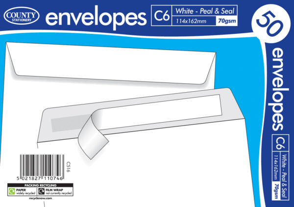 COUNTY C6 White Peel-and-Seal Envelopes, Pack of 50