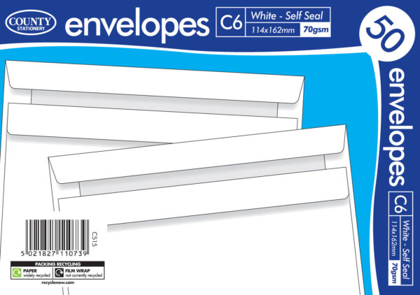 COUNTY C6 White Self-Sealing Envelopes, Pack of 50