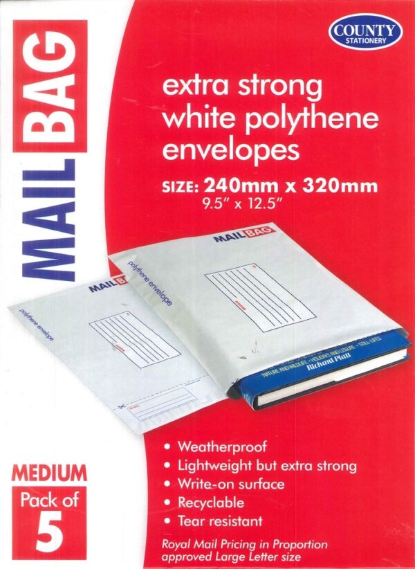 COUNTY Medium White Polyethylene Mailing Bags 240mm x 320mm, Pack of 5