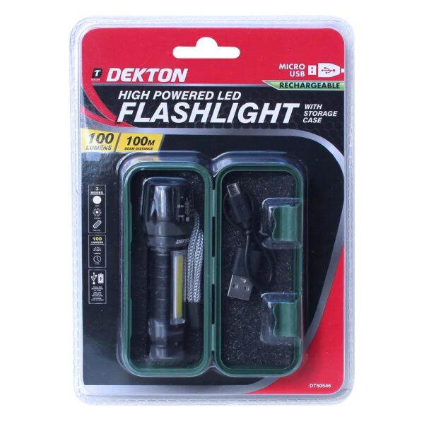 DEKTON LED FLASHLIGHT TORCH WITH HIGH POWER AND RECHARGEABLE BATTERY, INCLUDES CASE