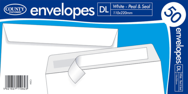 DL 110 x 220mm White Peel and Seal Envelopes, Pack of 50