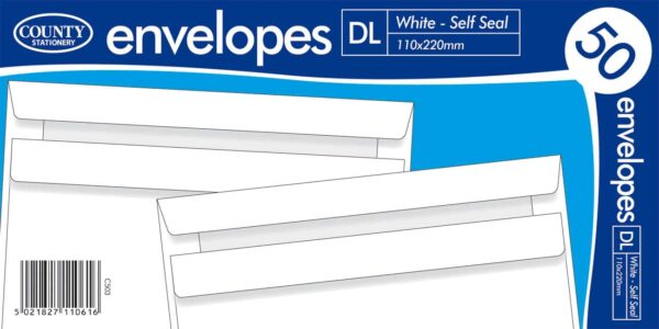 DL 110 x 220mm White Self-Seal Envelopes, Pack of 50