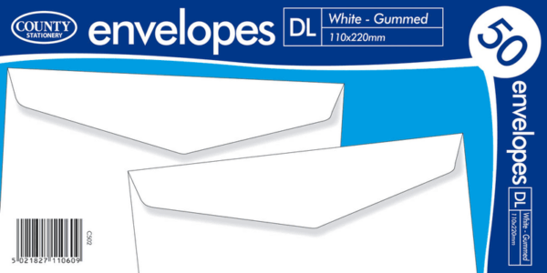 DL Size White Envelopes with Gum Seal - 110 x 220 mm, Pack of 50