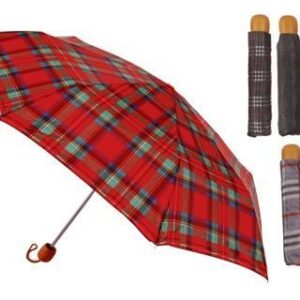 Drizzles Deluxe Tartan Compact Umbrella with Wooden Handle