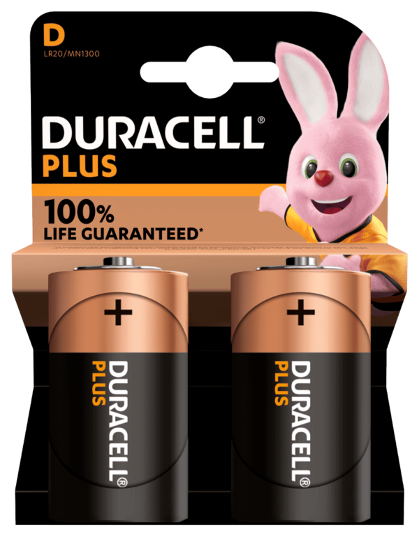 Duracell Plus D Alkaline Batteries 2-Pack with Guaranteed 100% Longer Life!