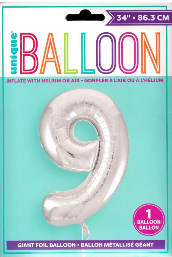 Exclusive Silver Glitz Number 9 Round Foil Balloon - 34" Birthday Decoration