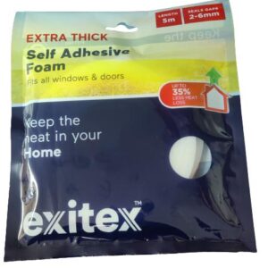 Exitex Extra Thick Self-Adhesive Weather Foam Tape Draught Excluder, 6mm Thick x 8mm Wide x 5m Long - White