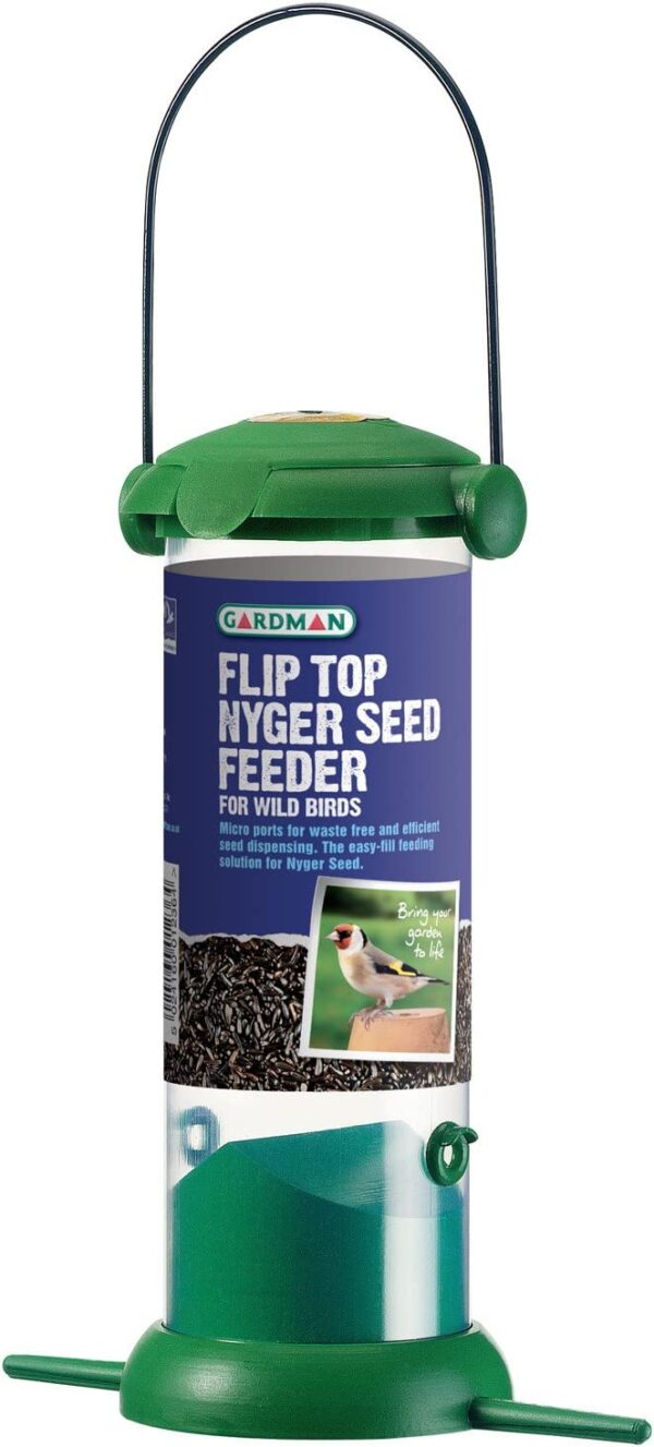 GARDMAN GREEN BIRD FEEDER FOR NYJER SEEDS WITH FLIP-TOP LID