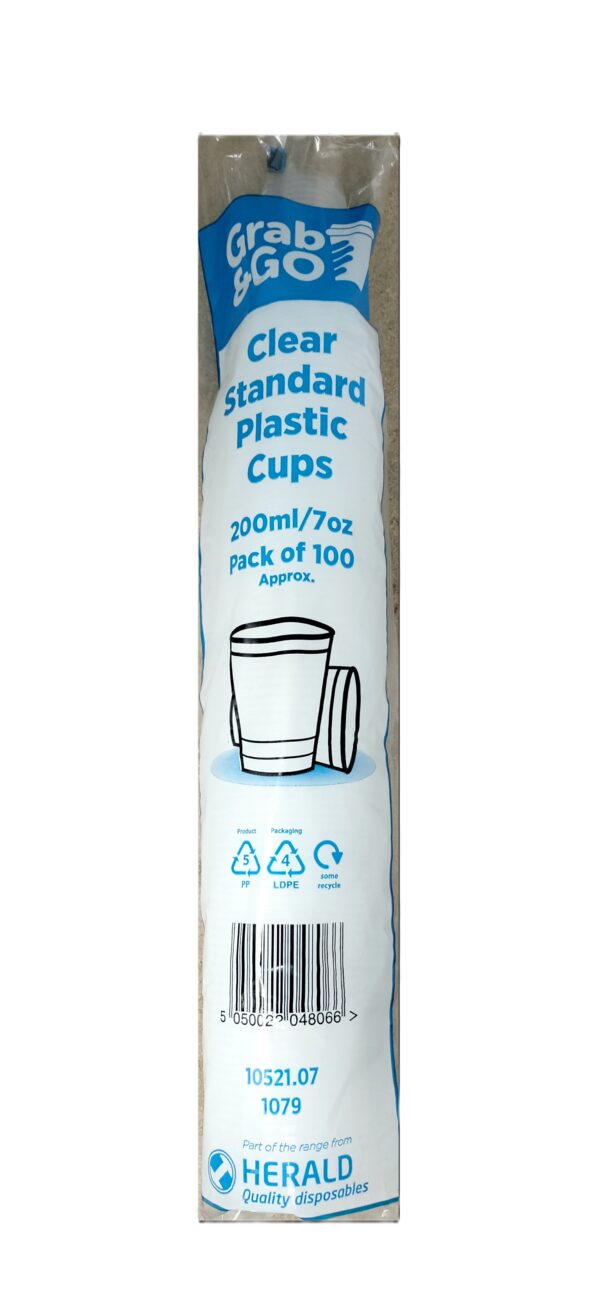 Grab & Go Clear Plastic Cups, Standard Size, 100 Pack (200ml / 7oz)