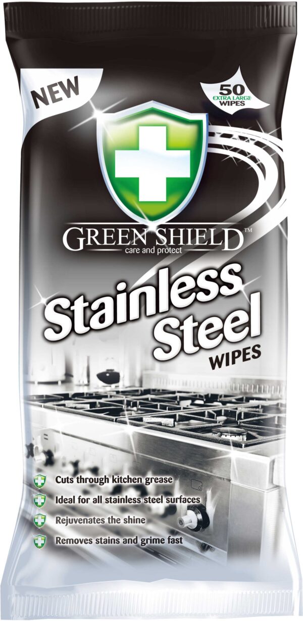 GREENSHIELD ANTIBACTERIAL STAINLESS STEEL CLEANING WIPES - PACK OF 50