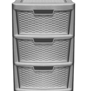 Grey Rattan-Style Plastic Storage Tower with 3 Large Drawers