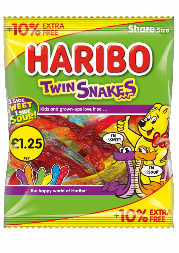 Haribo Twin Snakes 154g for £1.25, with an additional 10% free