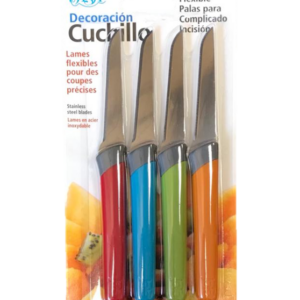 It looks like you are referring to a product description for a pack of kitchen knives. This product consists of four stainless steel fruit knives, each with a blade length of...