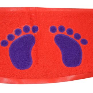 It looks like you're describing a waterproof mat that is suitable for use in both the bathroom and kitchen. The mat is predominantly red and purple in color, and its dimensions...