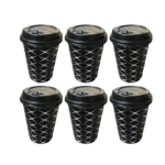 It looks like you're referring to a product description. The item is a set of black paper cups with lids, each having a printed design. These cups have a capacity of 12 ounces...