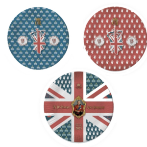 It looks like you're referring to a product listing for disposable plates featuring designs related to the coronation of King Charles III. This product appears to be a pack of 8...