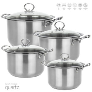 It seems like you are referring to a product description for a set of stainless steel stockpots. The product is likely called "GEMS Sq Pro Quartz 4 Pack," which includes...