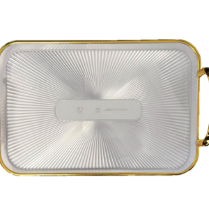 It seems like you're describing a product, specifically a rectangular transparent plastic serving tray with a gold rim and handles, measuring 30 x 42 cm. The product code or...