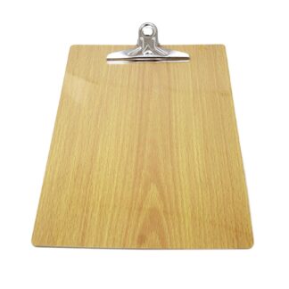 It seems like you're describing a product, specifically a wooden clipboard with a chrome clip, designed to hold A4-sized paper. This type of clipboard is typically used in...