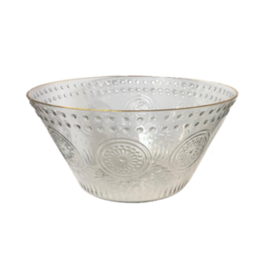 It seems like you're describing a specific product: a transparent plastic fruit bowl with a patterned design and a gold rim, measuring 27 x 14 cm. The number "7611" might refer...