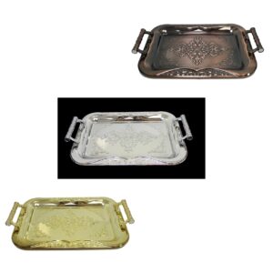 It seems like you're referring to a product description for a metallic chrome steel vintage serving tray with dimensions of 35 x 25 cm. The tray is available in assorted colors...