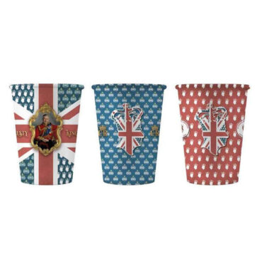 It seems like you're referring to a product description for a set of vintage-style paper cups designed to commemorate the coronation of King Charles III. These cups feature the...