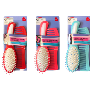 It seems like you're referring to a product description for a set of plastic hairbrush and comb. This set includes two items and comes in assorted colors. The model or item...