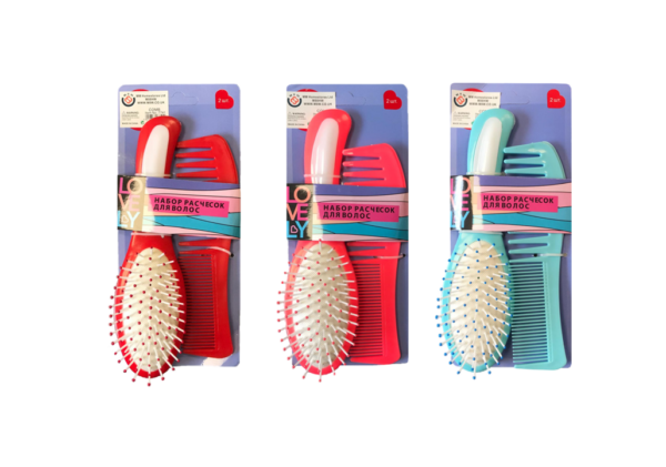 It seems like you're referring to a product description for a set of plastic hairbrush and comb. This set includes two items and comes in assorted colors. The model or item...