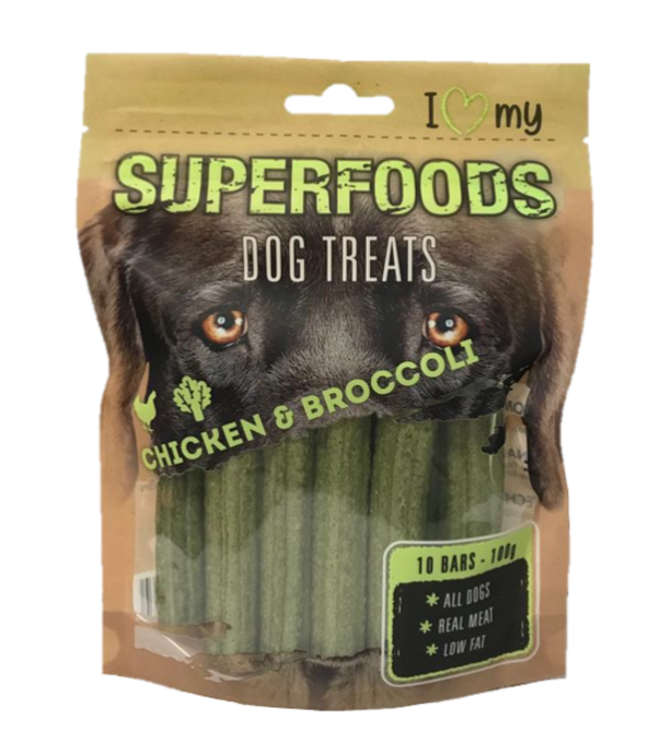 It seems like you're referring to a product description for pet dog treats. These treats are likely made with superfoods, specifically chicken and broccoli, and come in a 100g...