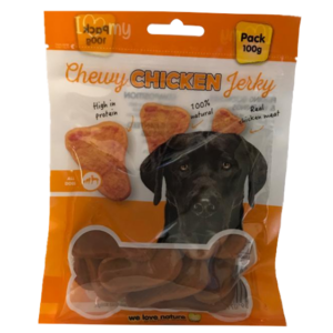 It seems like you're referring to a product listing for "Pet Dog Treats Chewy Chicken Jerky 100g." This likely indicates a package containing 100 grams of chewy chicken jerky...