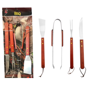 It seems like you're referring to a set of barbecue tools that includes a carving knife, tongs, fork, and spatula, each measuring 33 cm in length with the model or product code...