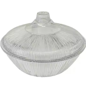 It seems like you're referring to a specific product: a plastic clear round ribbed fruit bowl with a lid, measuring 25 cm in diameter and 10 cm in height. The model or item...