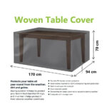 It seems like you're referring to a woven table cover designed for garden use, with dimensions of 170 x 94 x 70 cm. The number "3275" might be a product code or price. "Parcel...