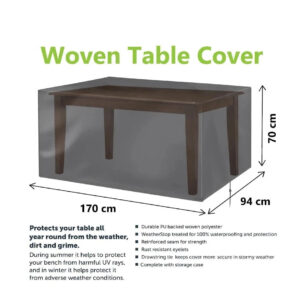 It seems like you're referring to a woven table cover designed for garden use, with dimensions of 170 x 94 x 70 cm. The number "3275" might be a product code or price. "Parcel...