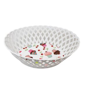 It sounds like you are describing a specific product, which is a white plastic rattan-style bowl with a cupcake design, intended for home kitchen use. The dimensions of the bowl...