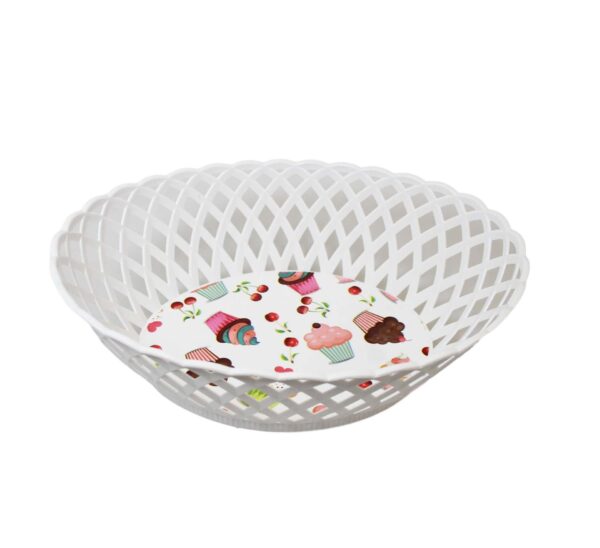 It sounds like you are describing a specific product, which is a white plastic rattan-style bowl with a cupcake design, intended for home kitchen use. The dimensions of the bowl...