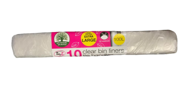 It sounds like you are referring to a product description for extra-large clear pedal bin liners. These bin liners have a capacity of 100 liters and come with tie handles for...