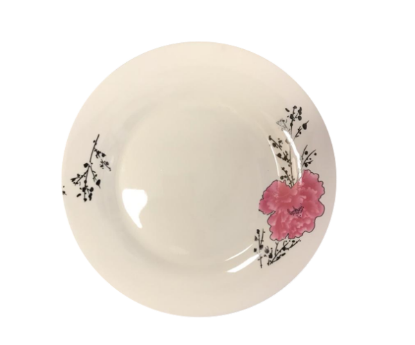 It sounds like you're describing a dining plate that features a pink floral design, suitable for serving salads or desserts. The plate has a diameter of 23 cm and is identified...