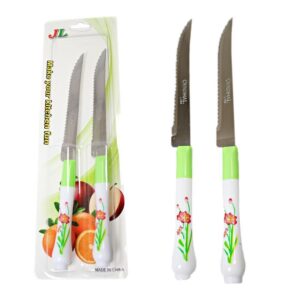 It sounds like you're describing a knife set that includes two knives, each featuring a flower design on the handles. The model or product number appears to be "5113." The...