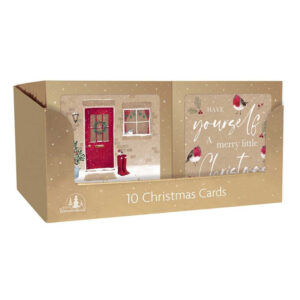 It sounds like you're describing a pack of Christmas cards. This pack includes 10 square boxed cards, designed with a festive theme featuring a kraft paper style, a door, and a...