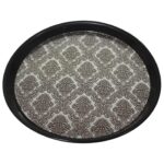 It sounds like you're describing a product that is a round plastic serving tray, designed for carrying drinks. The tray has a printed design and comes in assorted colors, with a...